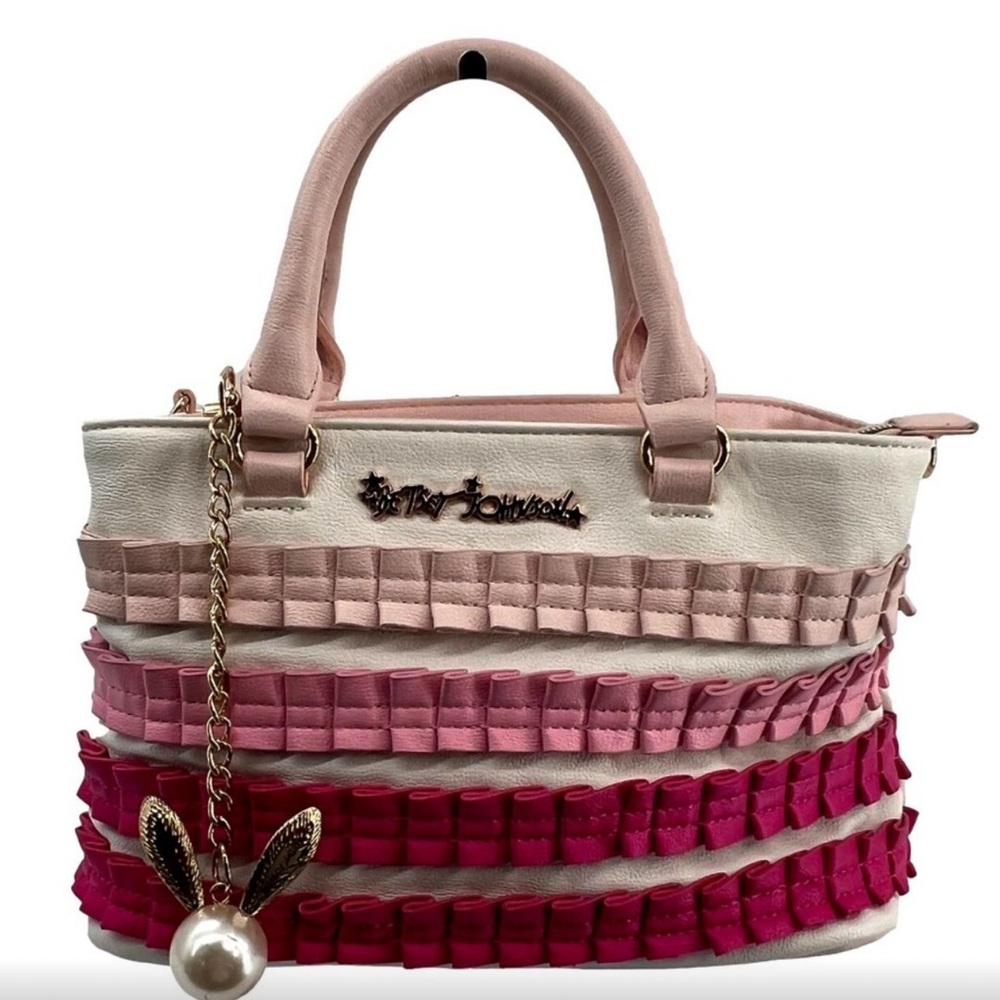 Betsey Johnson Pink & White Stripe Ruffle Accent Handbag EUC
